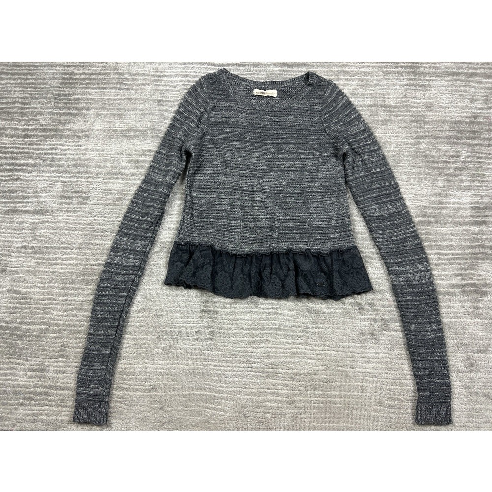 Hollister Sweater Womens XS Gray Long Sleeve Cotton Blend Lace Hem